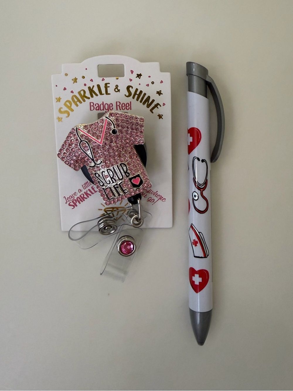 Gift Bundle SCRUB LIFE PINK Rhinestone Clip-on ID or Key Holder Nurse print Pen